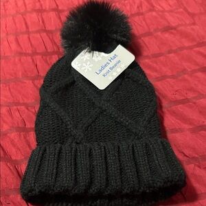 Black Cable Knit Pom Beanie